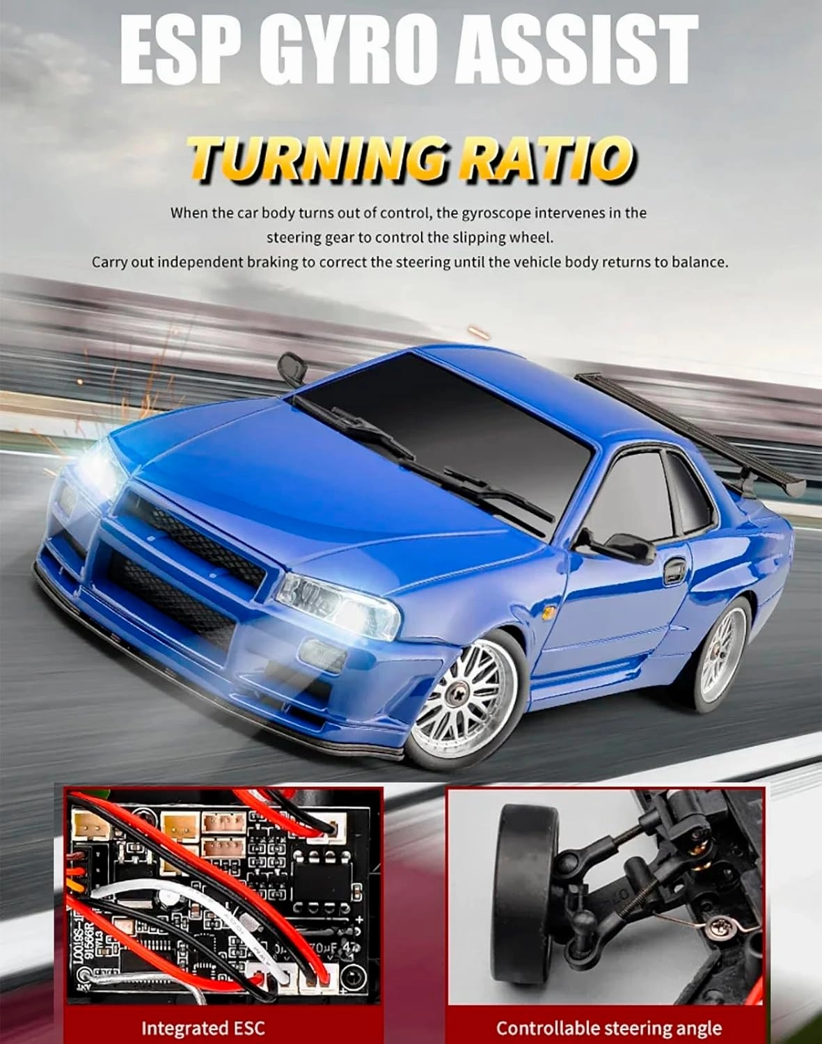 LD1899 1:18 RC Drift Car GTR R34 2.4GHz RWD with Gyroscope on-Road Alloy Body Shell Racing Cars Radio Control (Blue)