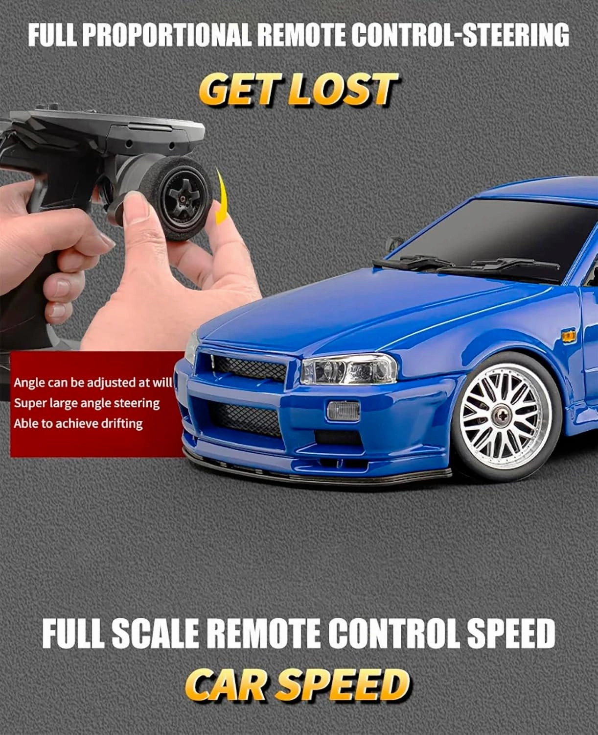 LD1899 1:18 RC Drift Car GTR R34 2.4GHz RWD with Gyroscope on-Road Alloy Body Shell Racing Cars Radio Control (Blue)