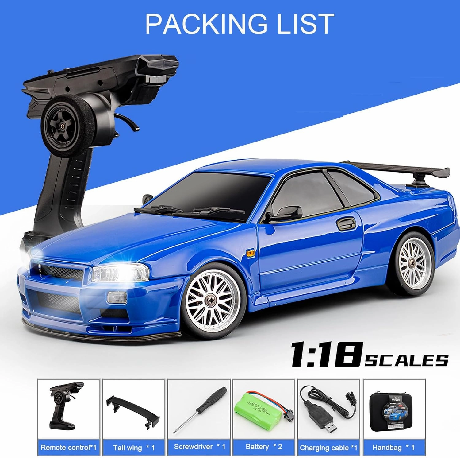 LD1899 1:18 RC Drift Car GTR R34 2.4GHz RWD with Gyroscope on-Road Alloy Body Shell Racing Cars Radio Control (Blue)