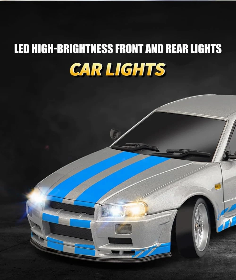 LD1899 1:18 RC Drift Car GTR R34 2.4GHz RWD with Gyroscope on-Road Alloy Body Shell Racing Cars Radio Control (Silvery)