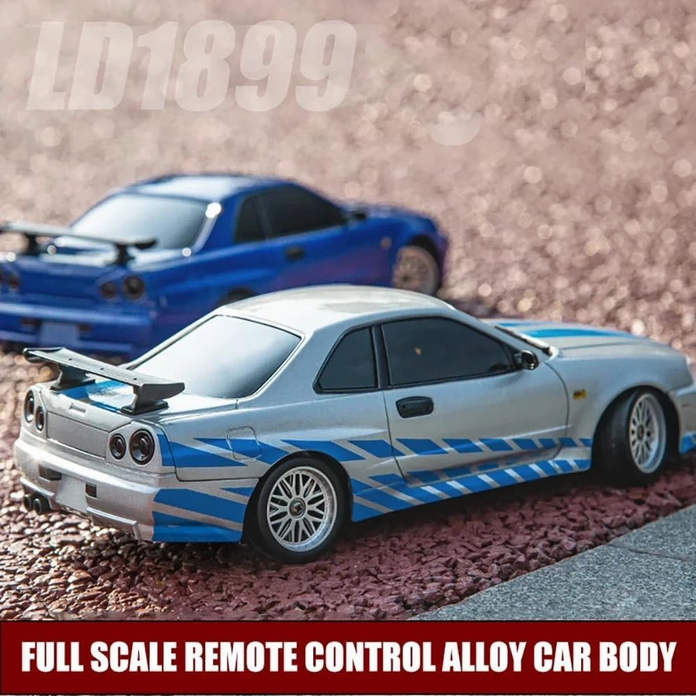 LD1899 1:18 RC Drift Car GTR R34 2.4GHz RWD with Gyroscope on-Road Alloy Body Shell Racing Cars Radio Control (Silvery)
