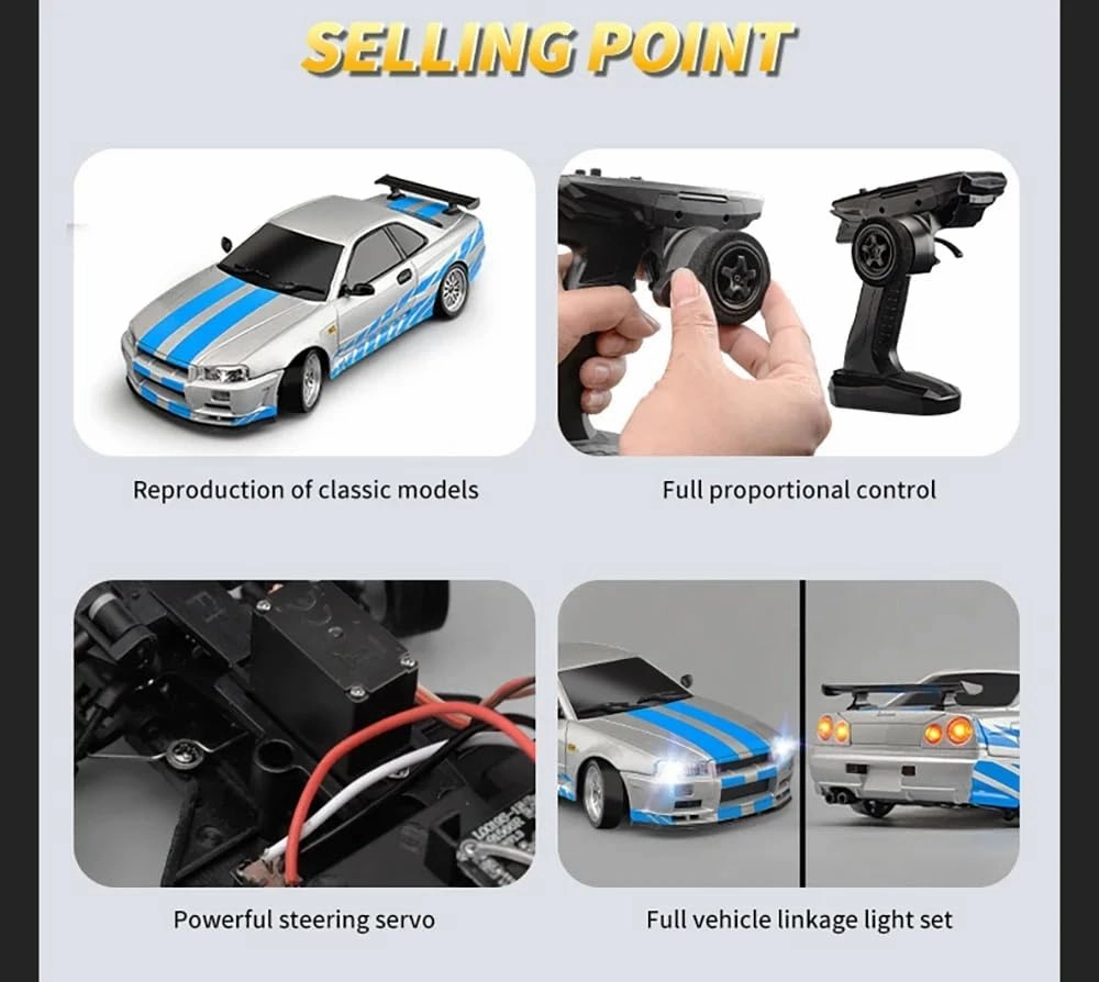 LD1899 1:18 RC Drift Car GTR R34 2.4GHz RWD with Gyroscope on-Road Alloy Body Shell Racing Cars Radio Control (Silvery)