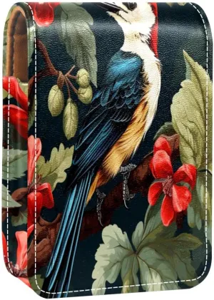 Lipstick Case Woodpecker Bird on Red Berries Branch Prints Mini Lipstick Holder Organizer Bag With Mirror for Purse Travel Cosmetic Pouch