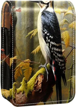 Lipstick Case Woodpecker Bird on Red Berries Branch Prints Mini Lipstick Holder Organizer Bag With Mirror for Purse Travel Cosmetic Pouch