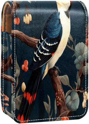Lipstick Case Woodpecker Bird on Red Berries Branch Prints Mini Lipstick Holder Organizer Bag With Mirror for Purse Travel Cosmetic Pouch