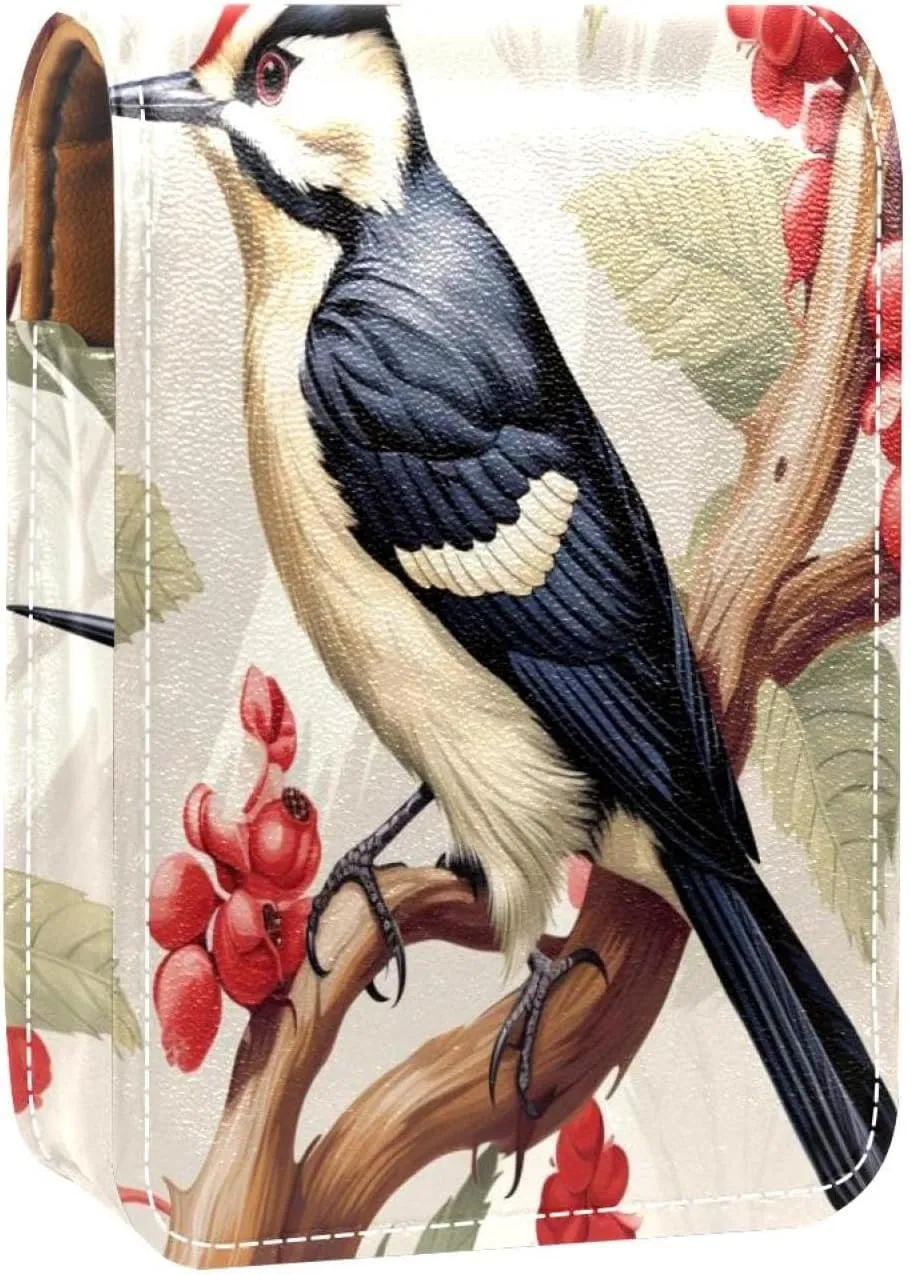 Lipstick Case Woodpecker Bird on Red Berries Branch Prints Mini Lipstick Holder Organizer Bag With Mirror for Purse Travel Cosmetic Pouch
