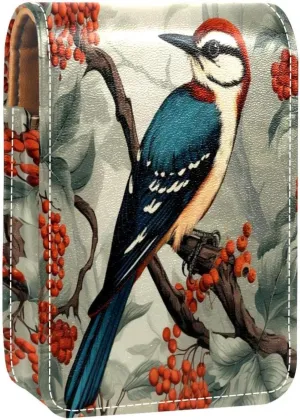 Lipstick Case Woodpecker Bird on Red Berries Branch Prints Mini Lipstick Holder Organizer Bag With Mirror for Purse Travel Cosmetic Pouch