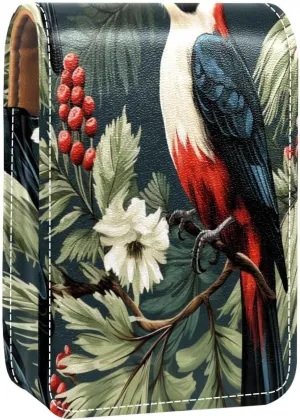 Lipstick Case Woodpecker Bird on Red Berries Branch Prints Mini Lipstick Holder Organizer Bag With Mirror for Purse Travel Cosmetic Pouch