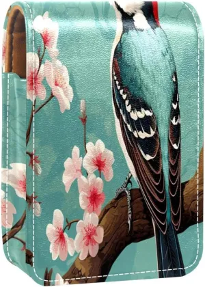 Lipstick Case Woodpecker Bird on Red Berries Branch Prints Mini Lipstick Holder Organizer Bag With Mirror for Purse Travel Cosmetic Pouch