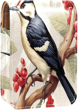 Lipstick Case Woodpecker Bird on Red Berries Branch Prints Mini Lipstick Holder Organizer Bag With Mirror for Purse Travel Cosmetic Pouch