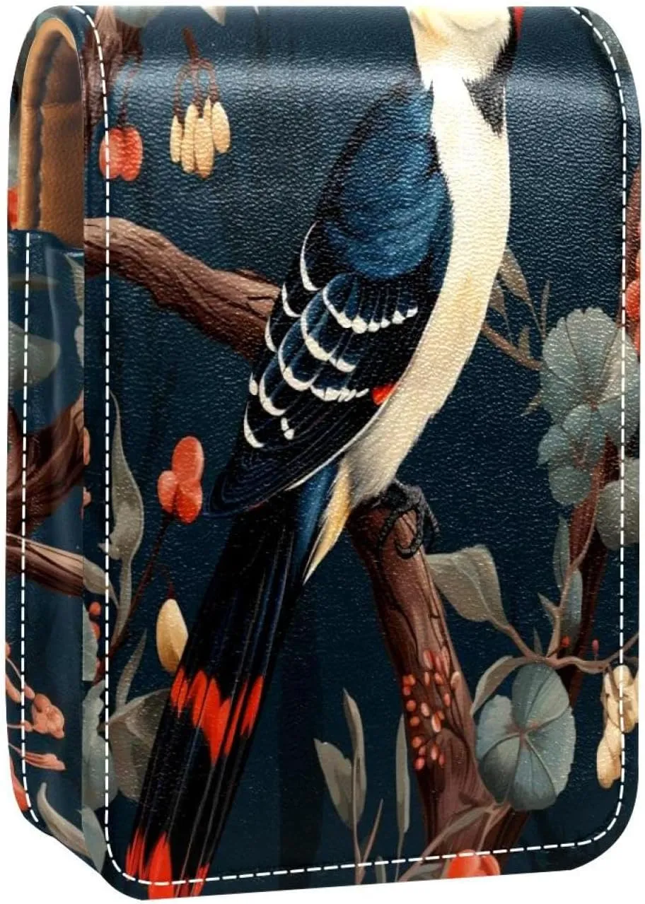 Lipstick Case Woodpecker Bird on Red Berries Branch Prints Mini Lipstick Holder Organizer Bag With Mirror for Purse Travel Cosmetic Pouch