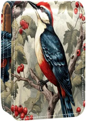 Lipstick Case Woodpecker Bird on Red Berries Branch Prints Mini Lipstick Holder Organizer Bag With Mirror for Purse Travel Cosmetic Pouch