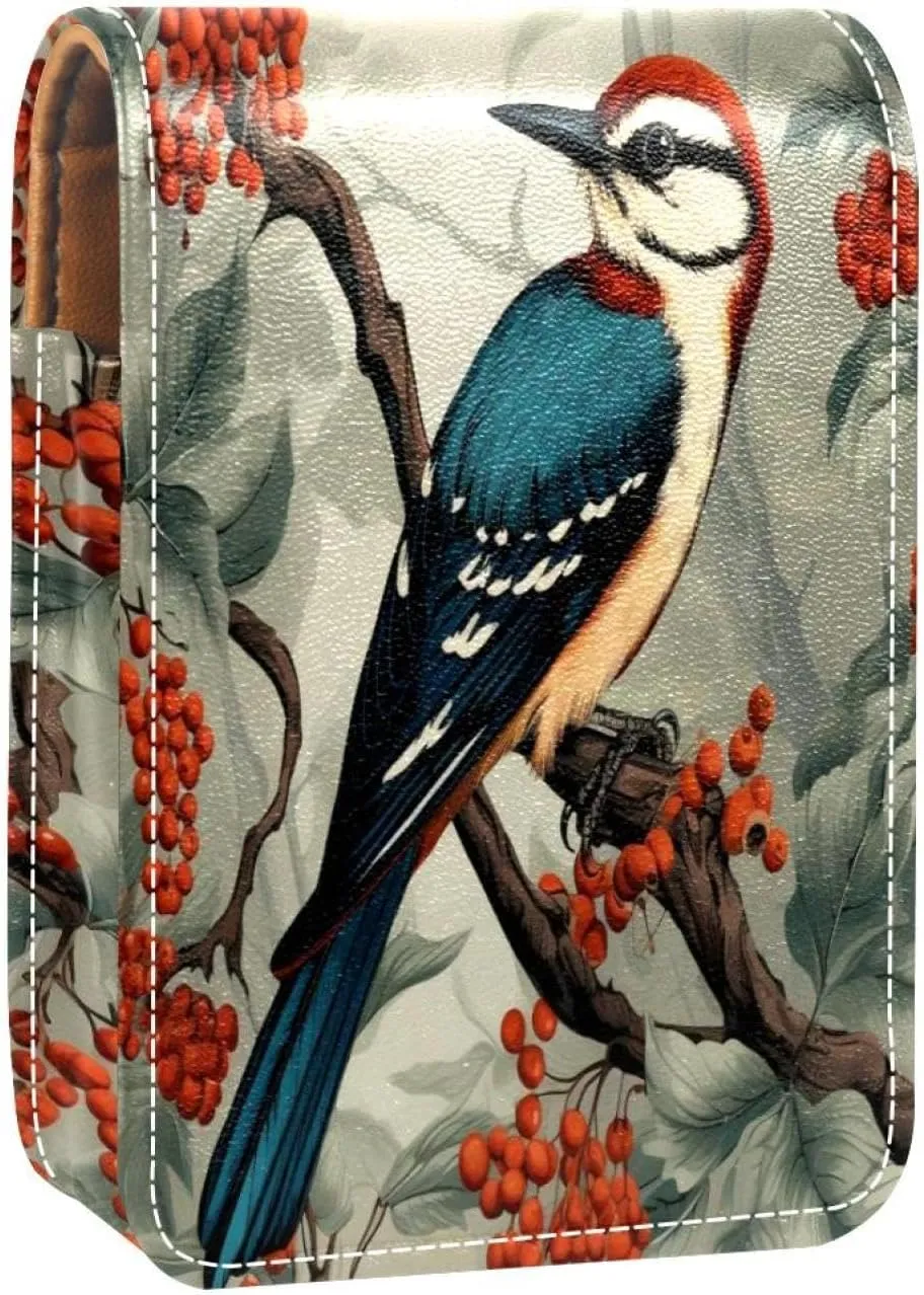 Lipstick Case Woodpecker Bird on Red Berries Branch Prints Mini Lipstick Holder Organizer Bag With Mirror for Purse Travel Cosmetic Pouch