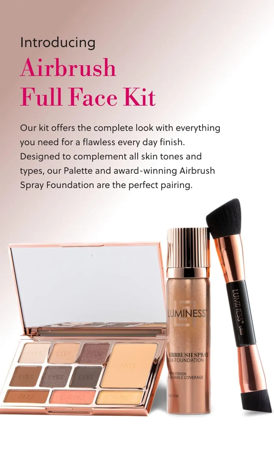 LUMINESS Face Time All In One Makeup Kit - Includes Face Palette, Airbrush Foundation, and Makeup Brush - Long-Wearing, Silky, Soft, Easy to Blend, 3-PC Make Up Set (03 - Light Medium)