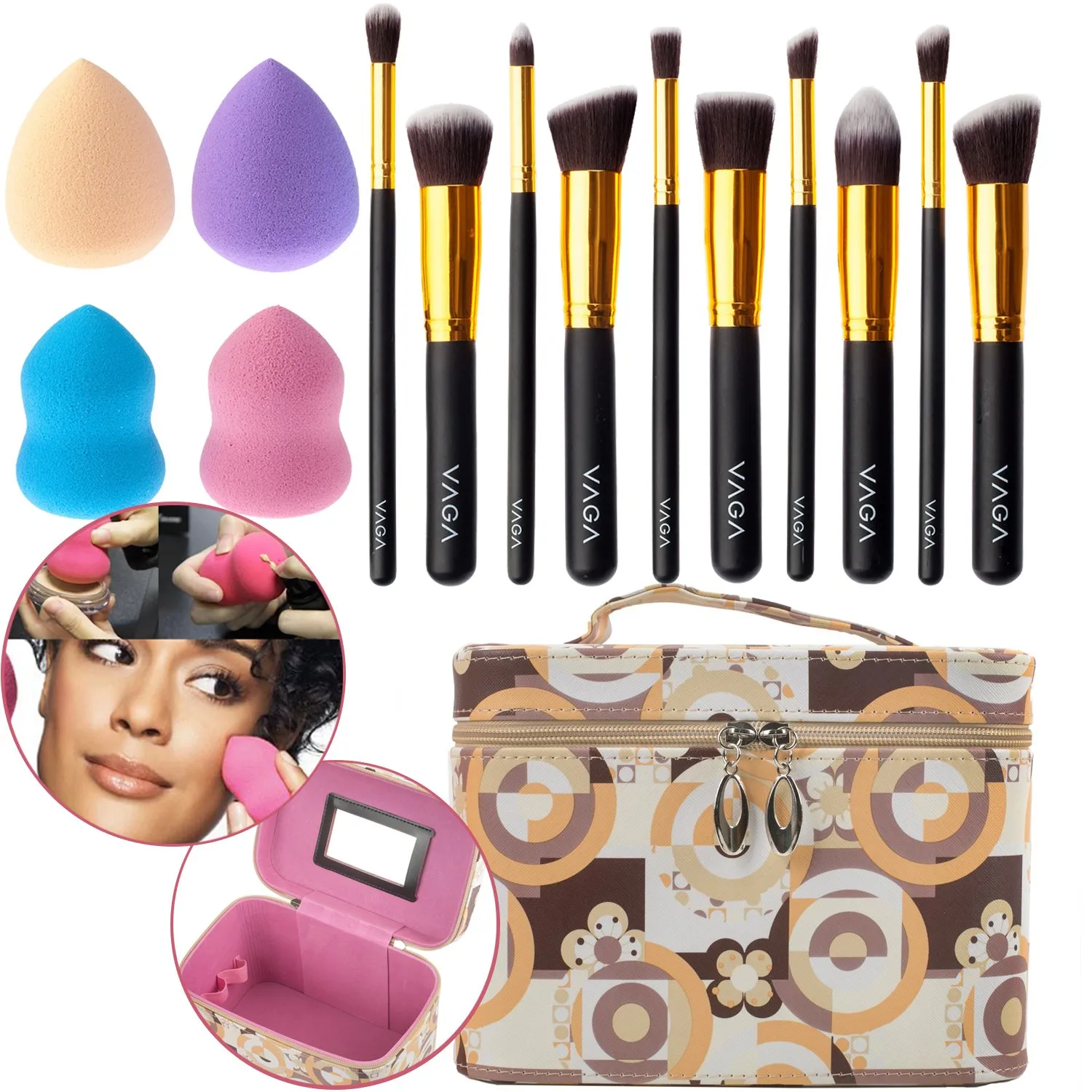 Make Up Artists Tools Set/Kit/Lot With 10pcs Various Kabuki Brushes/Applicators, 4 Foundation Sponges/Blenders and Makeup Cosmetics Bag/Box/Organizer/Holder