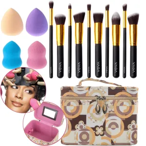 Make Up Artists Tools Set/Kit/Lot With 10pcs Various Kabuki Brushes/Applicators, 4 Foundation Sponges/Blenders and Makeup Cosmetics Bag/Box/Organizer/Holder