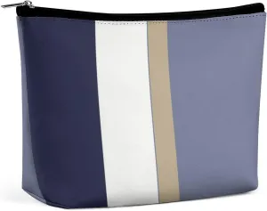 Makeup Bag for Women, Adorable Roomy Zipper Pouch Portable Organizer Cosmetic Bag Travel Storage Accessories (Blue, Gold and White Stripes)