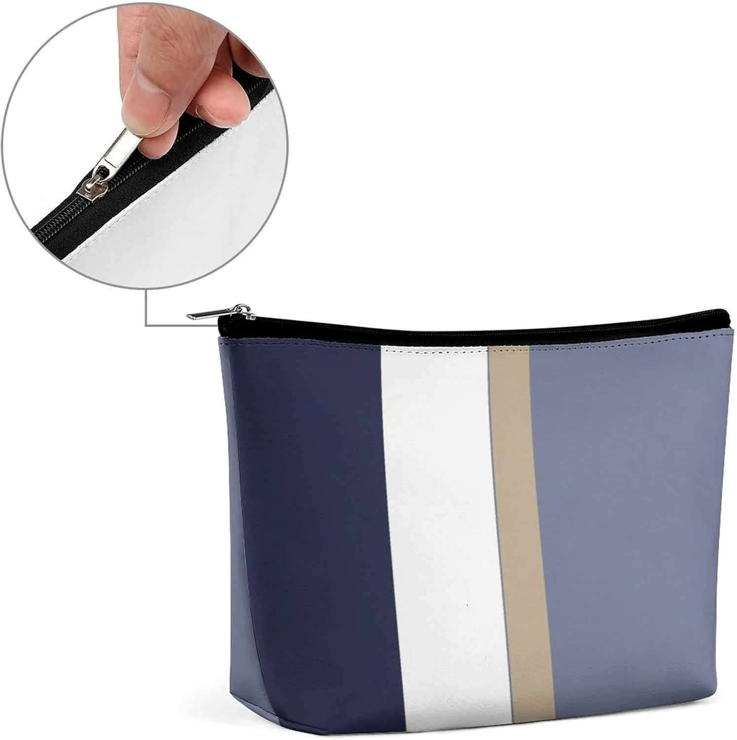 Makeup Bag for Women, Adorable Roomy Zipper Pouch Portable Organizer Cosmetic Bag Travel Storage Accessories (Blue, Gold and White Stripes)