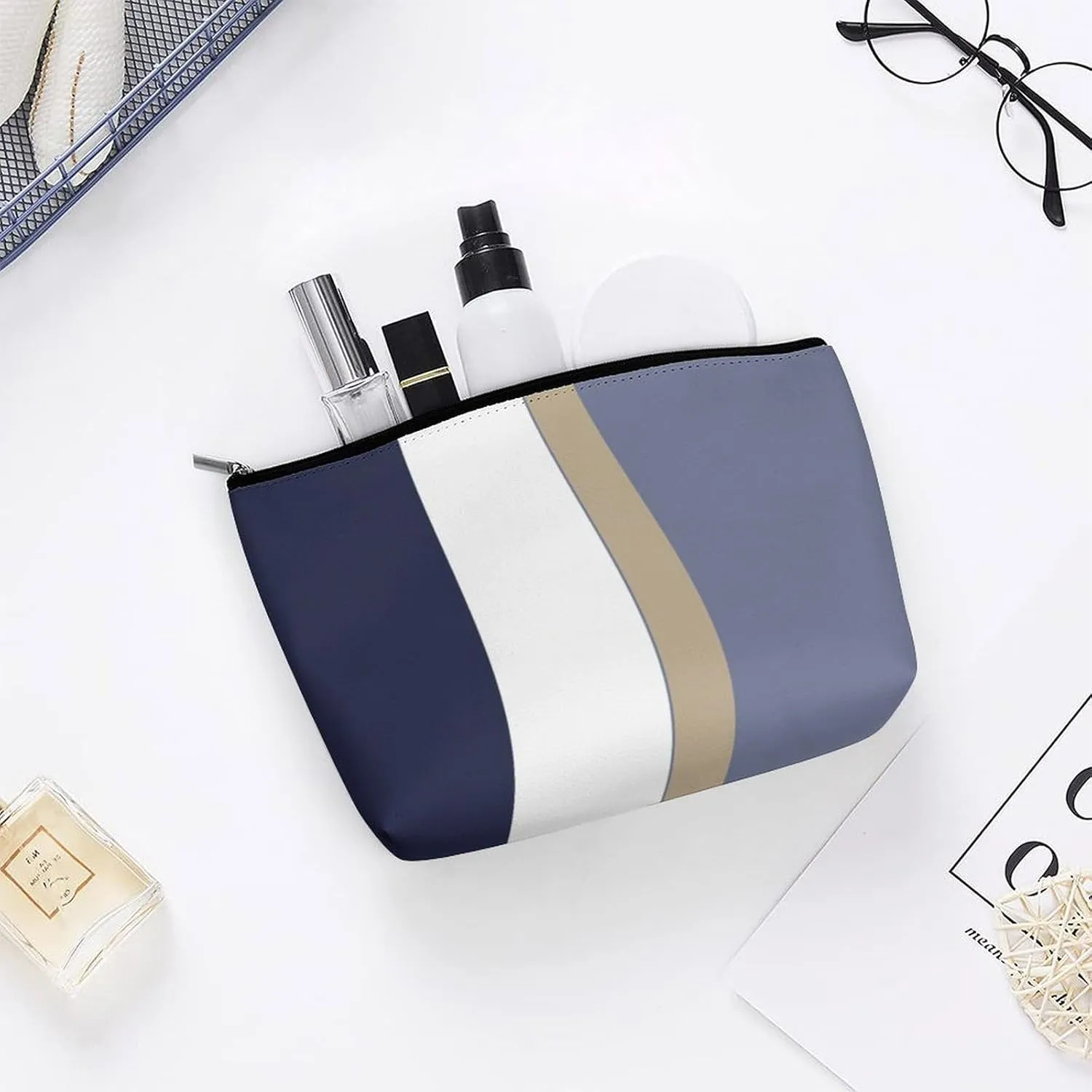 Makeup Bag for Women, Adorable Roomy Zipper Pouch Portable Organizer Cosmetic Bag Travel Storage Accessories (Blue, Gold and White Stripes)