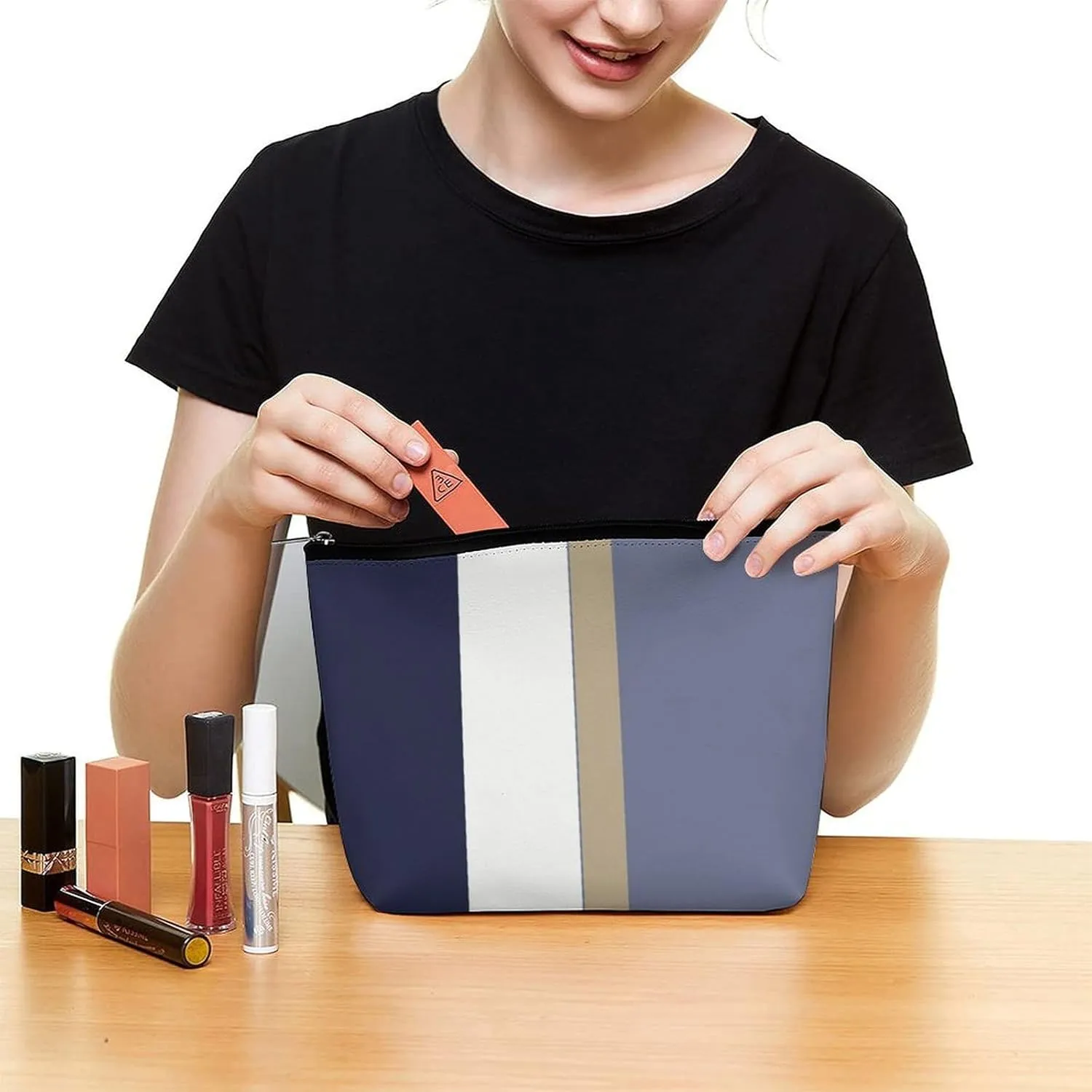 Makeup Bag for Women, Adorable Roomy Zipper Pouch Portable Organizer Cosmetic Bag Travel Storage Accessories (Blue, Gold and White Stripes)
