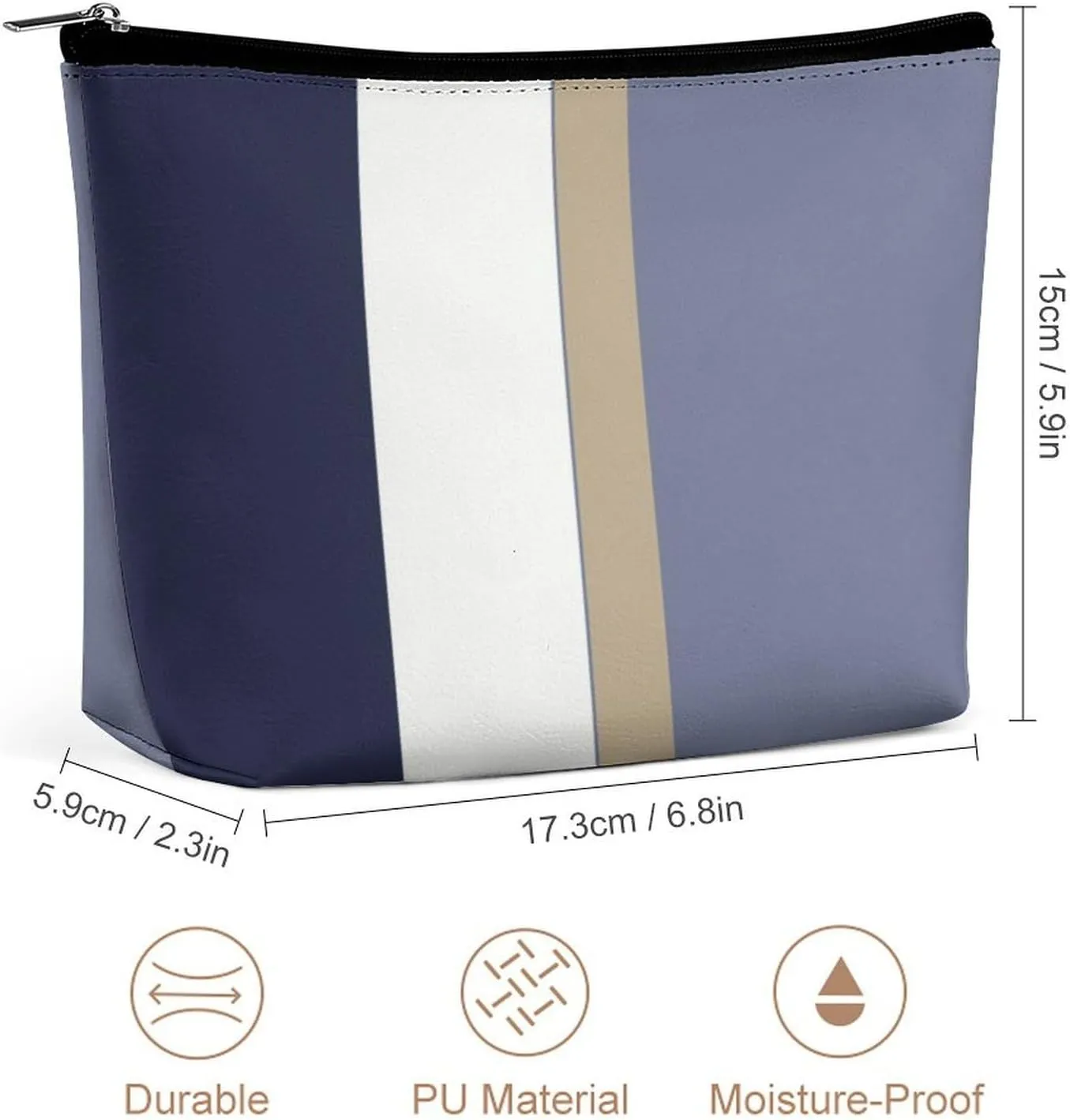 Makeup Bag for Women, Adorable Roomy Zipper Pouch Portable Organizer Cosmetic Bag Travel Storage Accessories (Blue, Gold and White Stripes)
