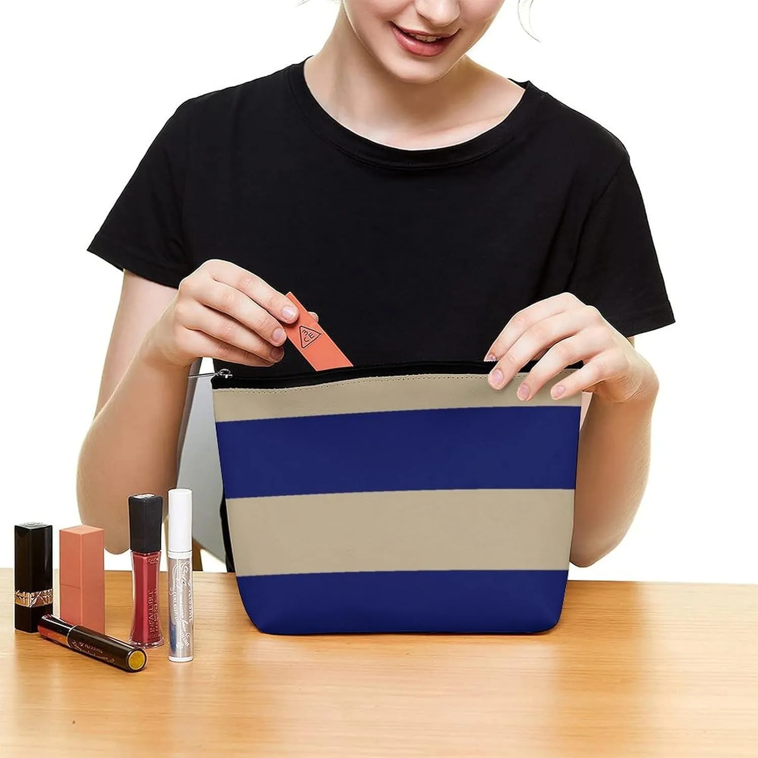 Makeup Bag for Women, Adorable Roomy Zipper Pouch Portable Organizer Cosmetic Bag Travel Storage Accessories (Navy Blue Bold Stripe)