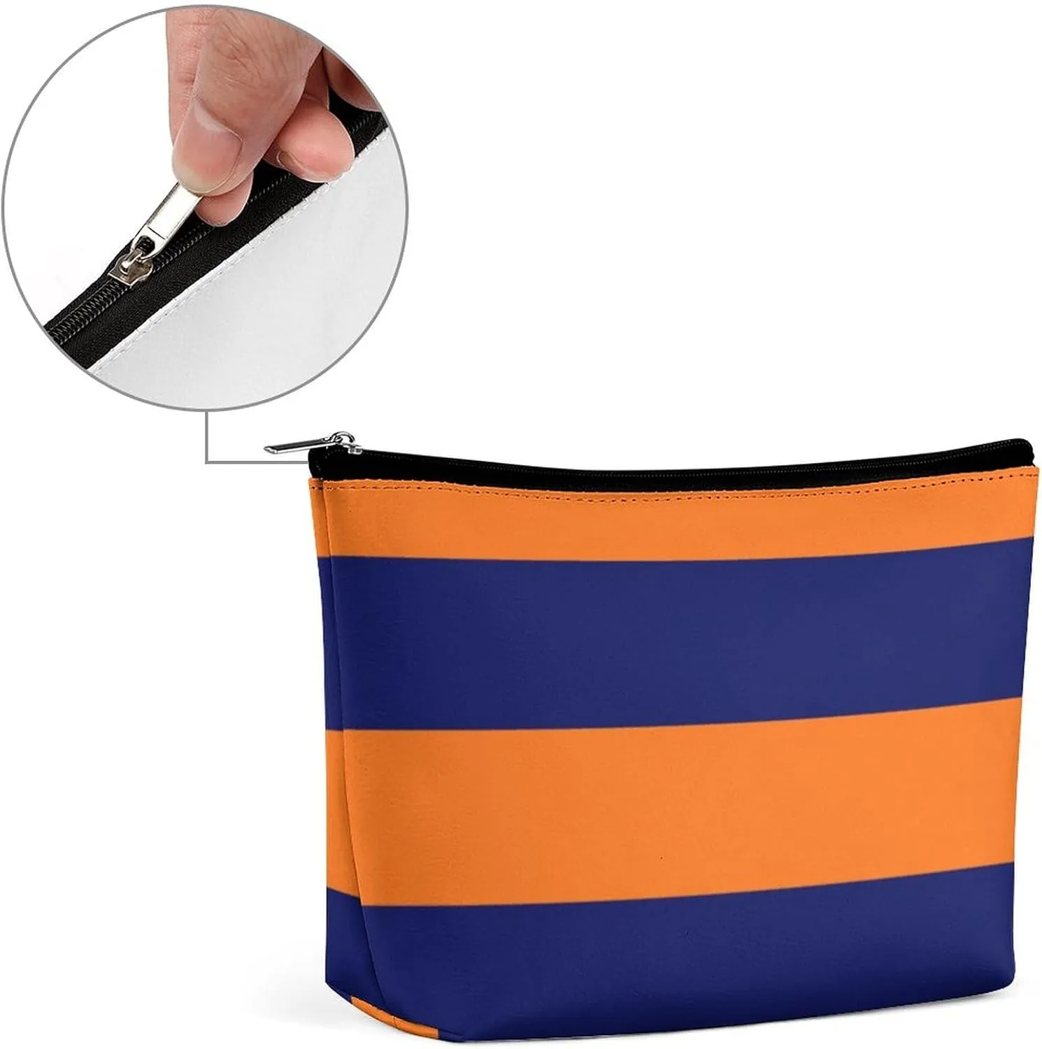 Makeup Bag for Women, Adorable Roomy Zipper Pouch Portable Organizer Cosmetic Bag Travel Storage Accessories (Orange Navy Blue Bold Stripe)
