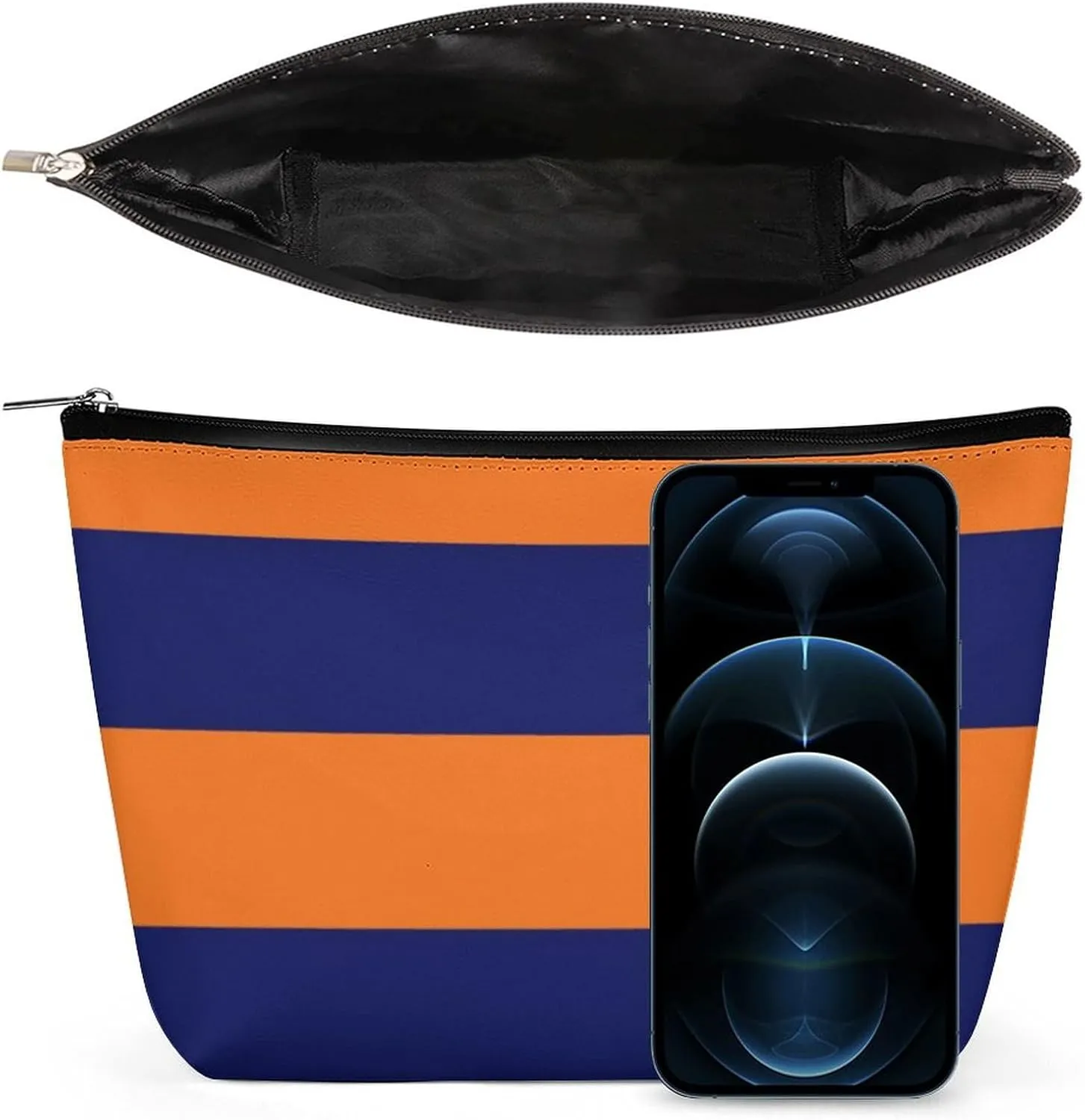 Makeup Bag for Women, Adorable Roomy Zipper Pouch Portable Organizer Cosmetic Bag Travel Storage Accessories (Orange Navy Blue Bold Stripe)