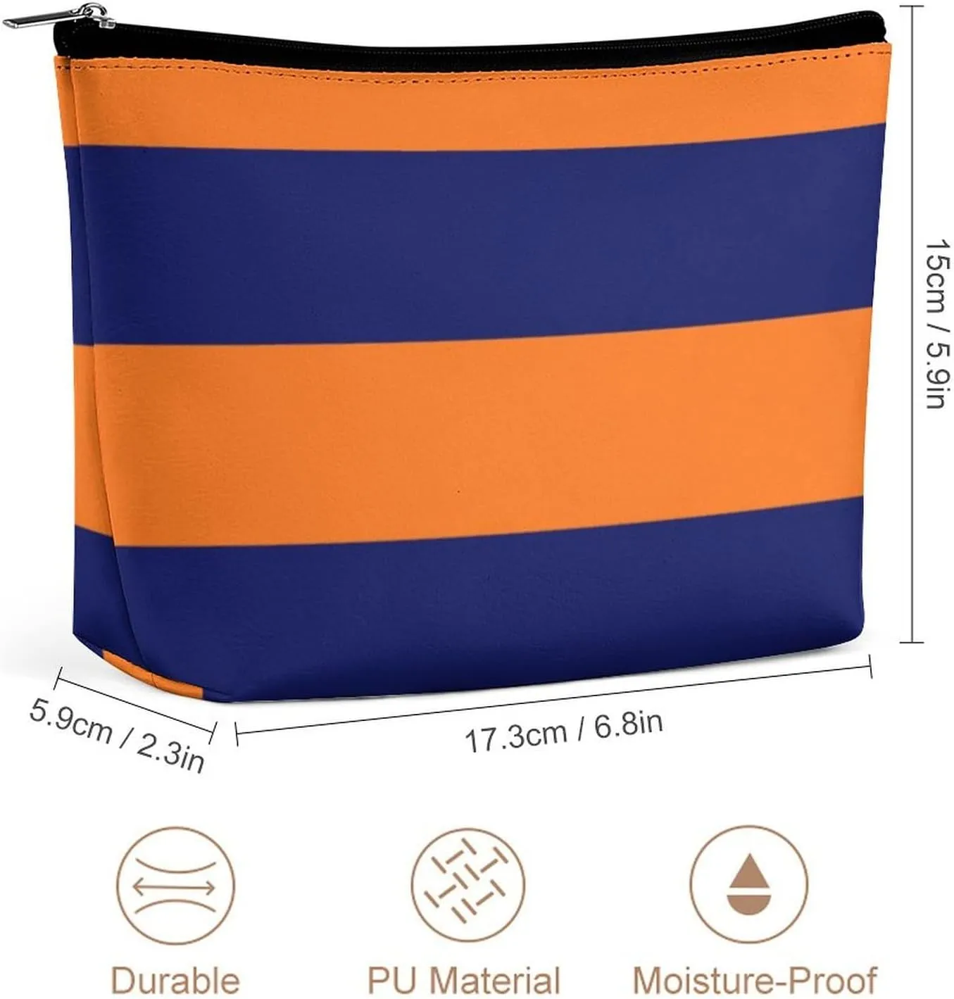 Makeup Bag for Women, Adorable Roomy Zipper Pouch Portable Organizer Cosmetic Bag Travel Storage Accessories (Orange Navy Blue Bold Stripe)