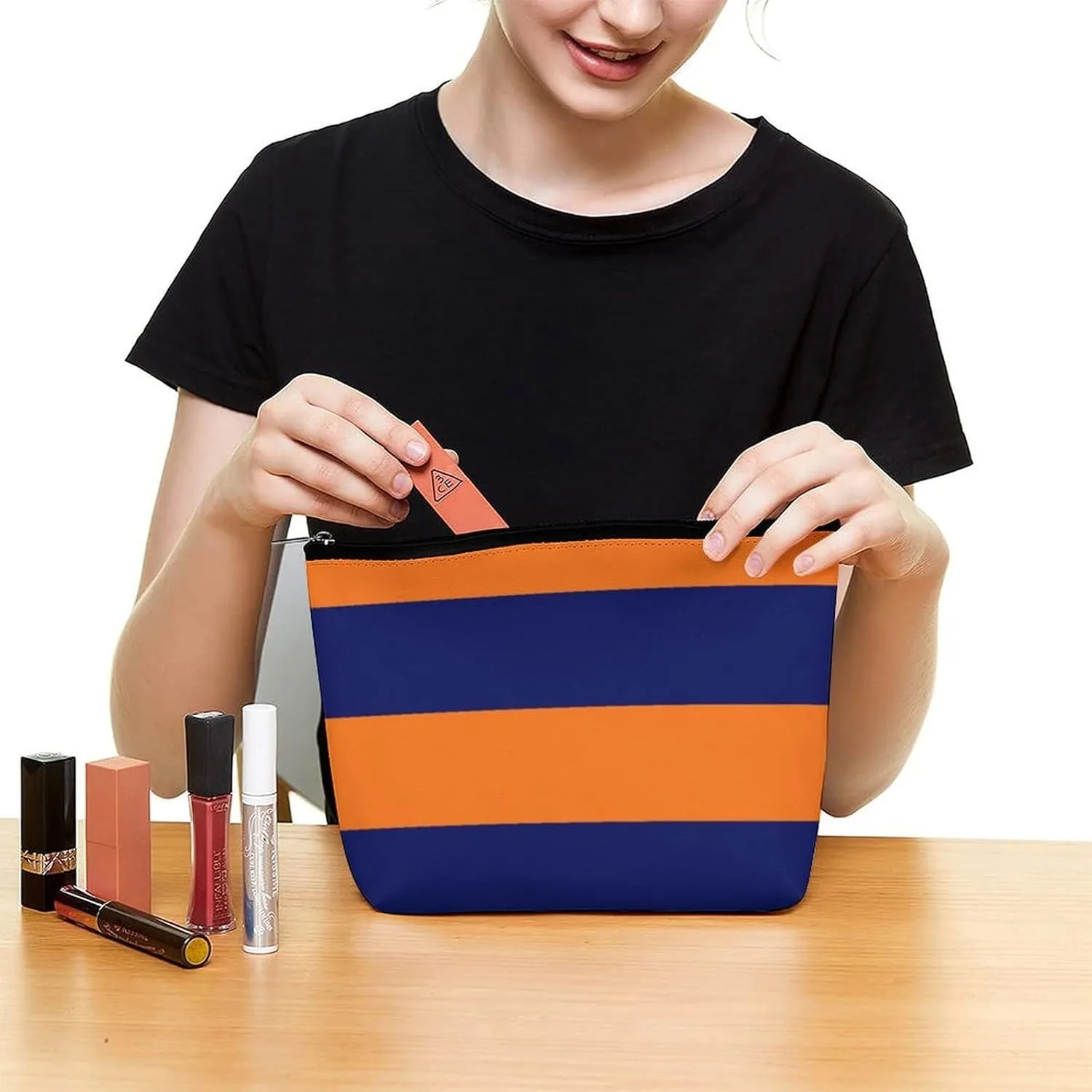 Makeup Bag for Women, Adorable Roomy Zipper Pouch Portable Organizer Cosmetic Bag Travel Storage Accessories (Orange Navy Blue Bold Stripe)