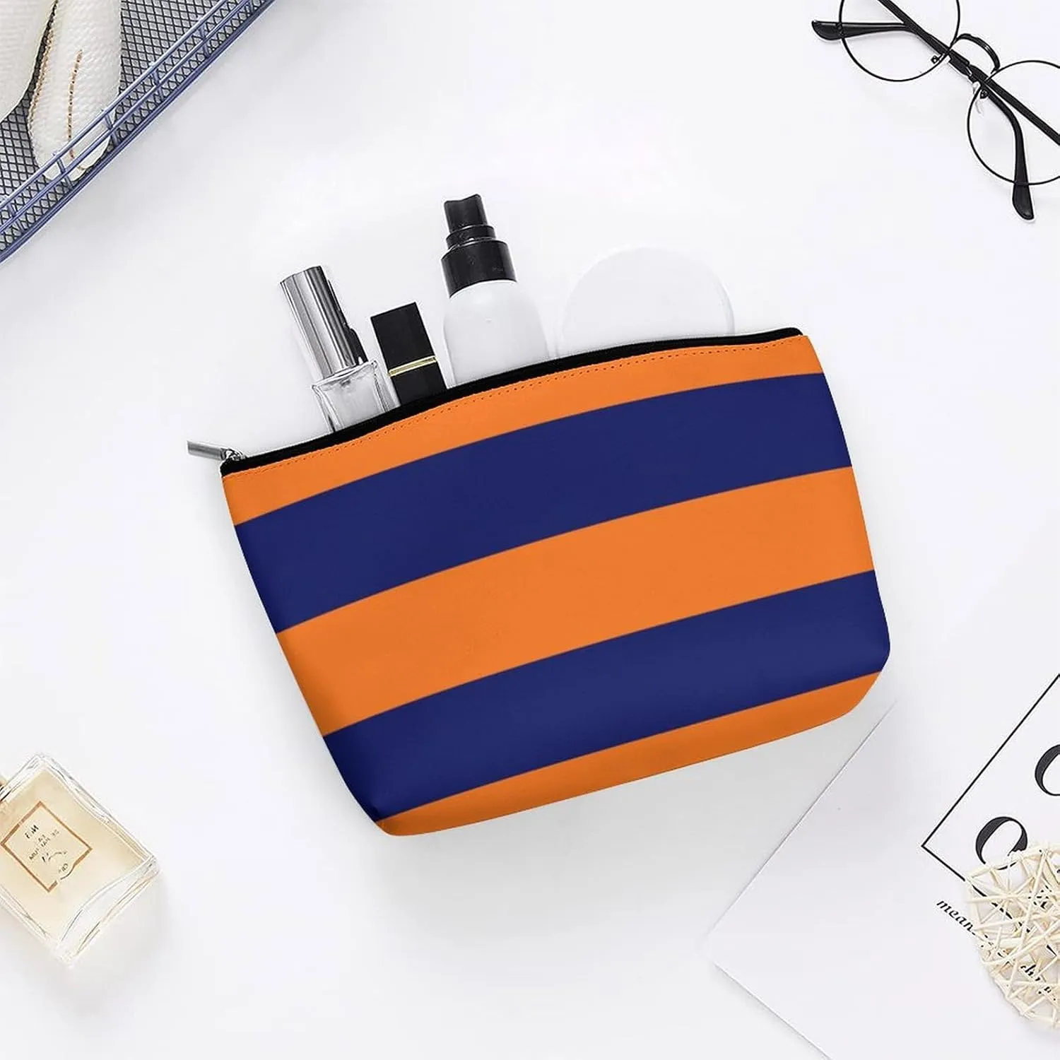 Makeup Bag for Women, Adorable Roomy Zipper Pouch Portable Organizer Cosmetic Bag Travel Storage Accessories (Orange Navy Blue Bold Stripe)