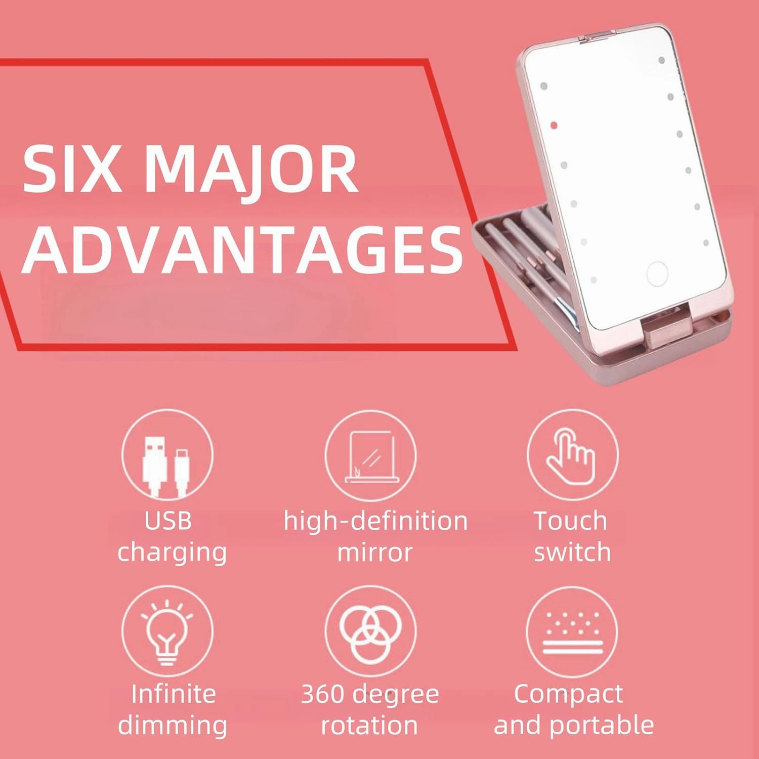 Makeup Mirror Vanity Mirror with Lights and 5 Makeup Brushes, Portable LED Makeup Mirror, 360° Rotation Touch Screen Vanity Mirror, Lighted Makeup Mirror, Women Gift (White,with makeup brush)
