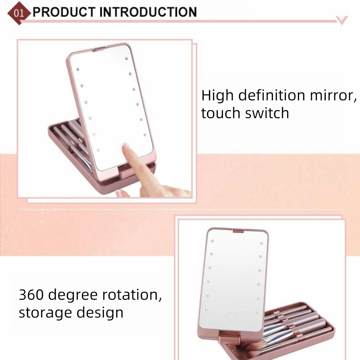 Makeup Mirror Vanity Mirror with Lights and 5 Makeup Brushes, Portable LED Makeup Mirror, 360° Rotation Touch Screen Vanity Mirror, Lighted Makeup Mirror, Women Gift (White,with makeup brush)