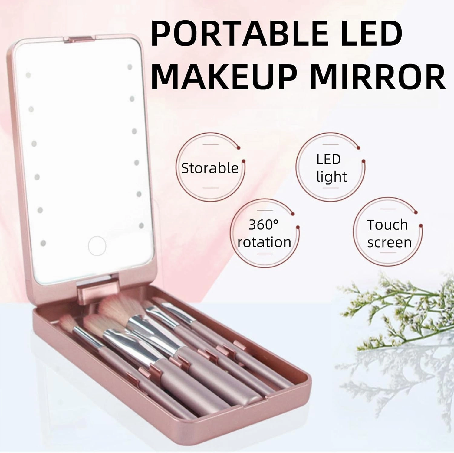 Makeup Mirror Vanity Mirror with Lights and 5 Makeup Brushes, Portable LED Makeup Mirror, 360° Rotation Touch Screen Vanity Mirror, Lighted Makeup Mirror, Women Gift (White,with makeup brush)