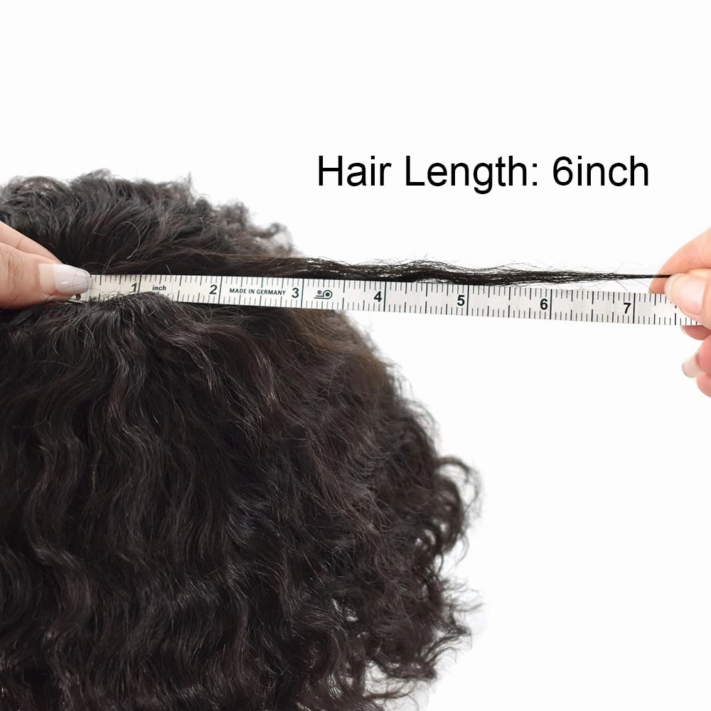 Man Weave Hair Black Men Curly Brazilian Hair Afro Toupee American African Mens Wig Full Poly Men Wave Hair Piece (#1 Jet Black, 12MM Weave)