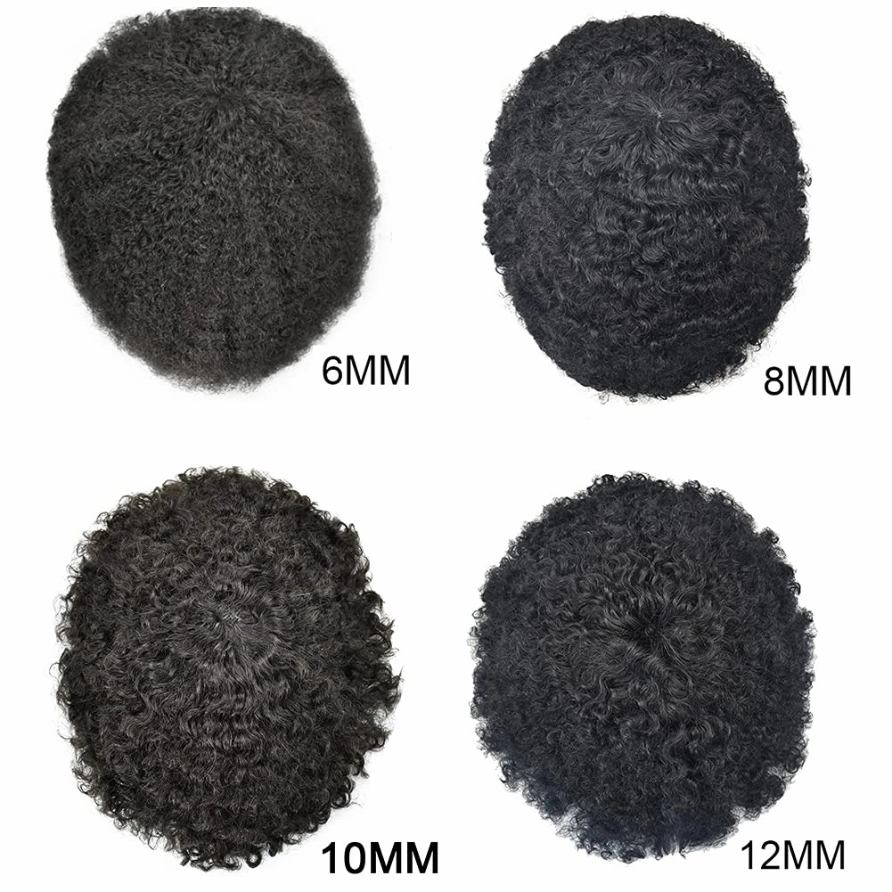 Man Weave Hair Black Men Curly Brazilian Hair Afro Toupee American African Mens Wig Full Poly Men Wave Hair Piece (#1 Jet Black, 12MM Weave)