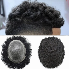 Man Weave Hair Black Men Curly Brazilian Hair Afro Toupee American African Mens Wig Full Poly Men Wave Hair Piece (#1 Jet Black, 12MM Weave)