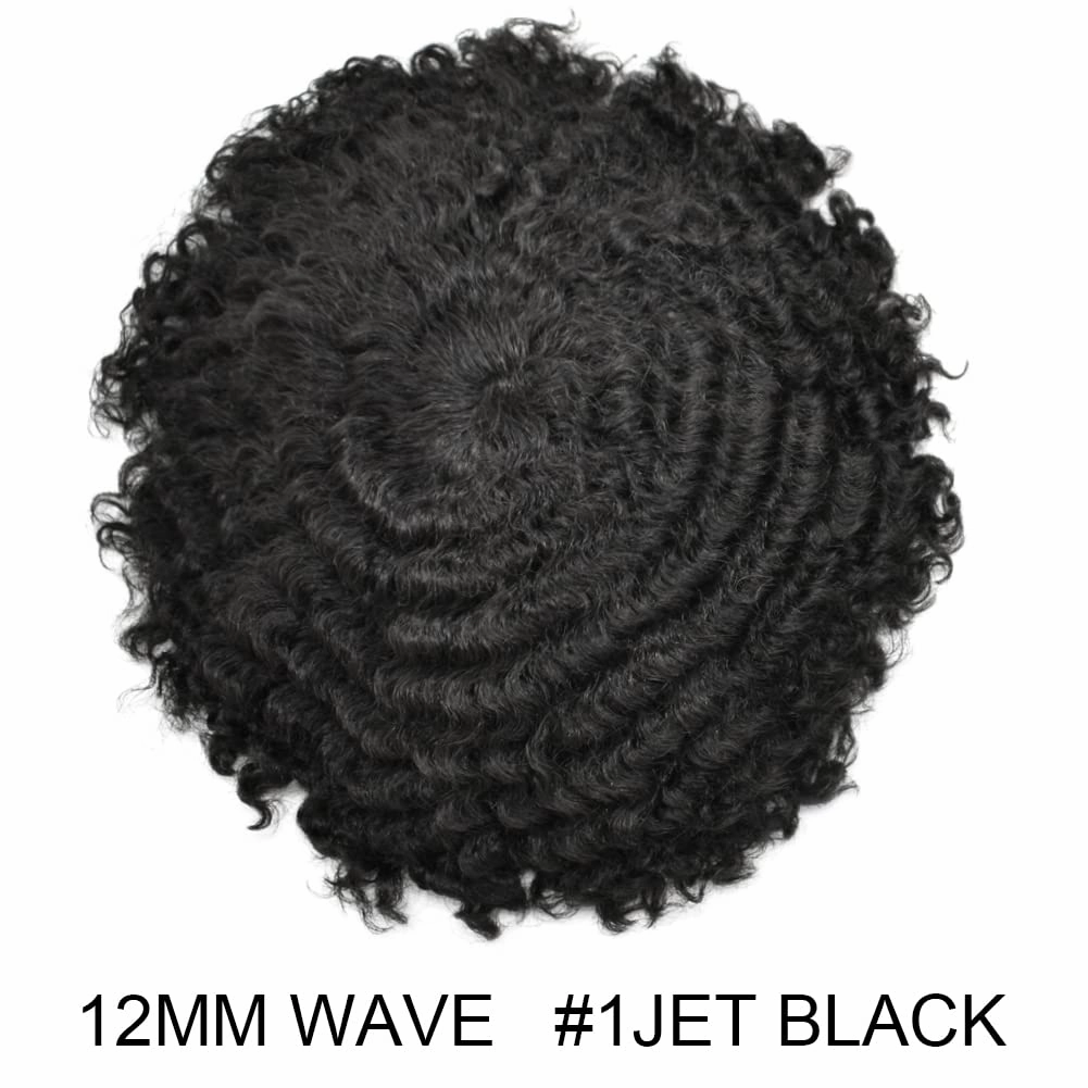 Man Weave Hair Black Men Curly Brazilian Hair Afro Toupee American African Mens Wig Full Poly Men Wave Hair Piece (#1 Jet Black, 12MM Weave)