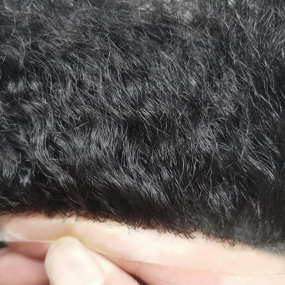 Man Weave Hair Black Men Curly Brazilian Hair Afro Toupee American African Mens Wig Full Poly Men Wave Hair Piece (#1 Jet Black, 12MM Weave)