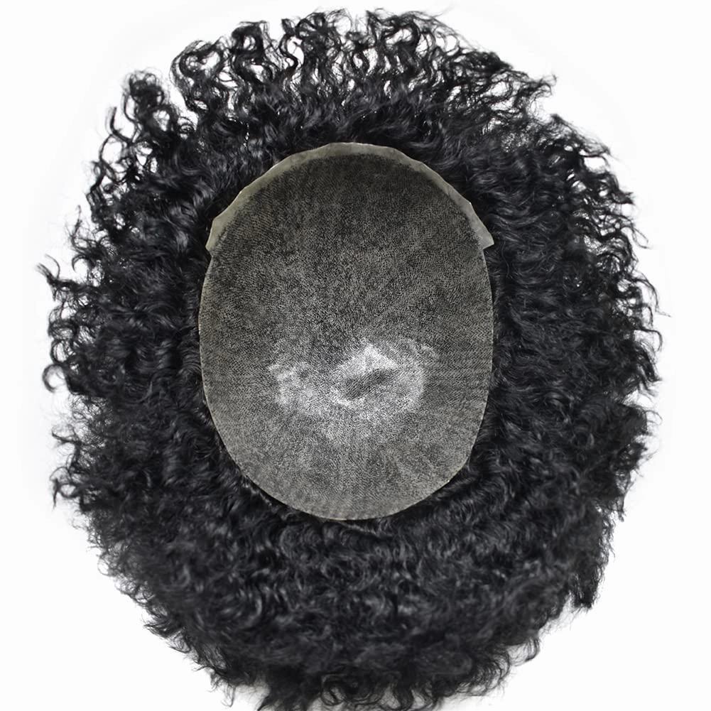 Man Weave Hair Black Men Curly Brazilian Hair Afro Toupee American African Mens Wig Full Poly Men Wave Hair Piece (#1 Jet Black, 12MM Weave)