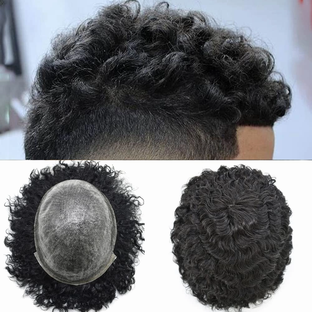 Man Weave Hair Black Men Curly Brazilian Hair Afro Toupee American African Mens Wig Full Poly Men Wave Hair Piece (#1 Jet Black, 12MM Weave)