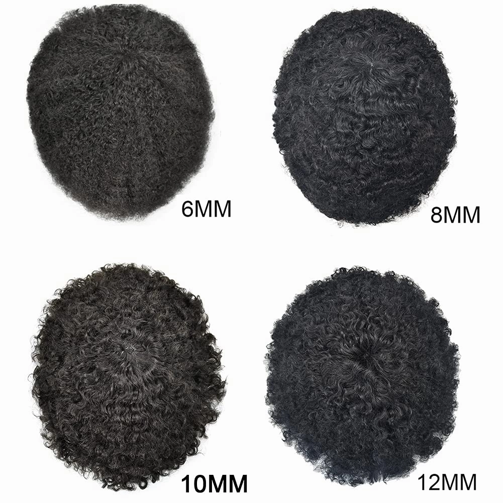 Man Weave Hair Black Men Curly Brazilian Hair Afro Toupee American African Mens Wig Full Poly Men Wave Hair Piece (#1B Off Black, 12MM Weave)