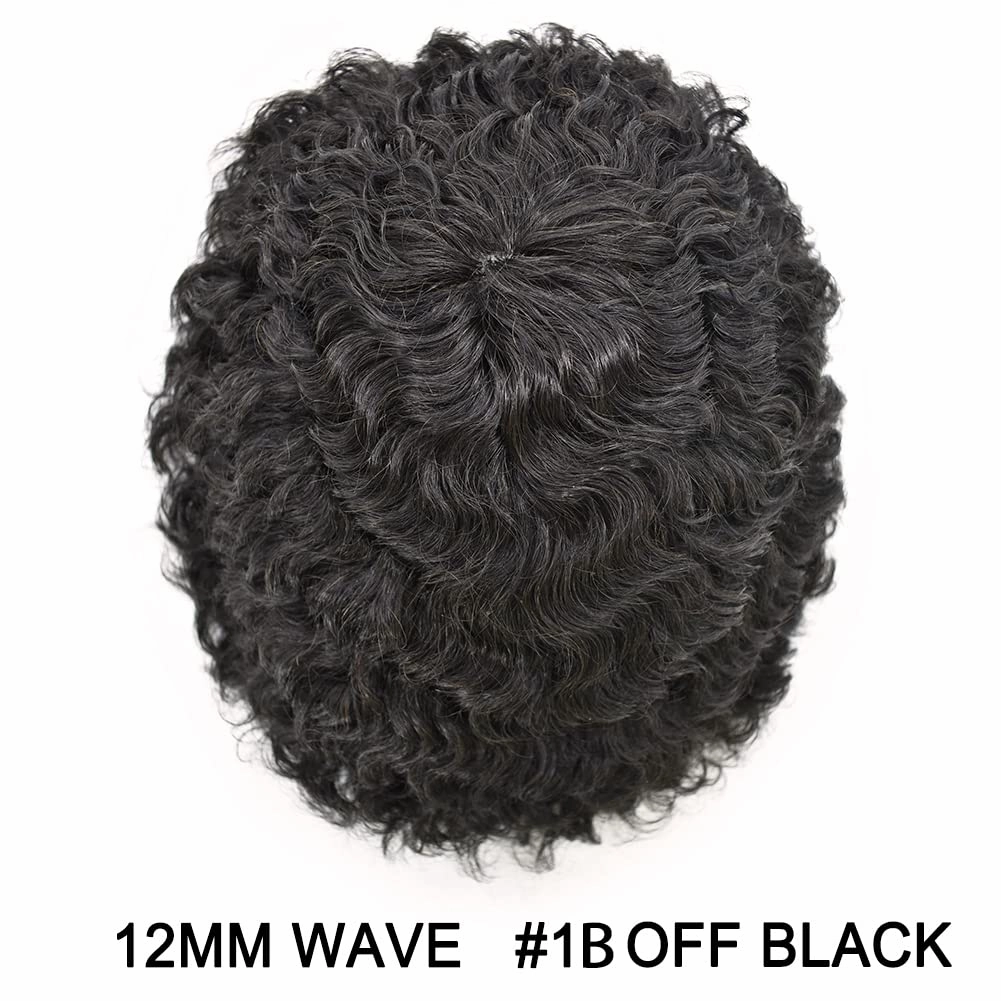 Man Weave Hair Black Men Curly Brazilian Hair Afro Toupee American African Mens Wig Full Poly Men Wave Hair Piece (#1B Off Black, 12MM Weave)