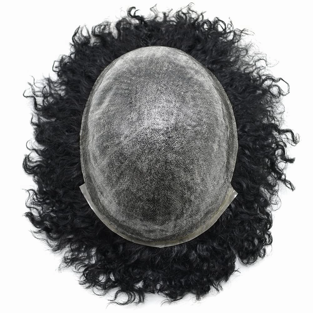 Man Weave Hair Black Men Curly Brazilian Hair Afro Toupee American African Mens Wig Full Poly Men Wave Hair Piece (#1B Off Black, 12MM Weave)