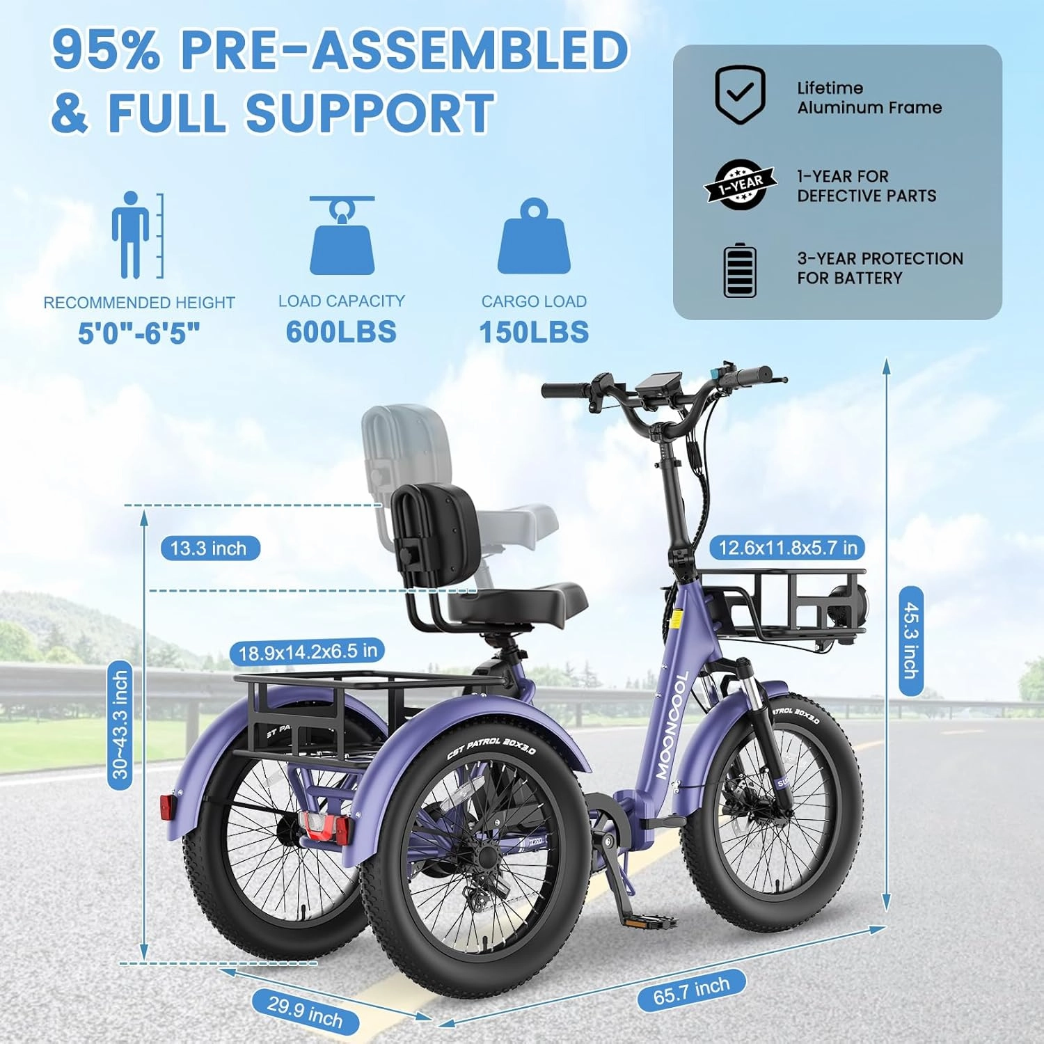 MOONCOOL Electric Trike, Electric Tricycle for Adults, 20" Folding 3 Wheels Electric Bicycle Bikes, 48V 500W/750W Motorized Electric Ebike with Aluminum Frame, Removable Battery and Basket