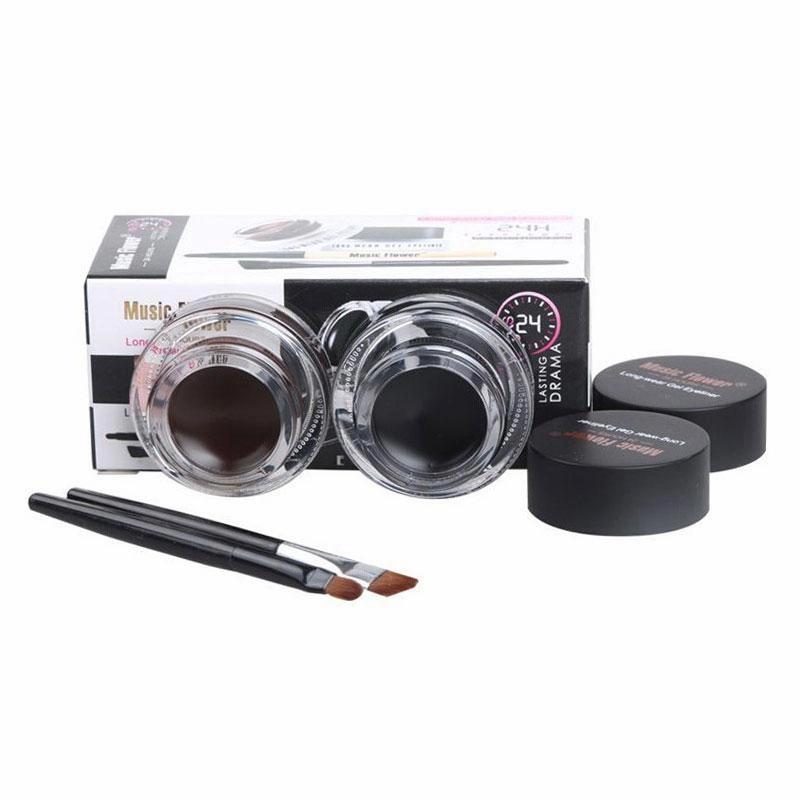 Music Flower 2 in 1 Coffee   Black Gel Eyeliner Make Up Waterproof Eye Liner Cosmetics Set Eyeliner Pens Makeup Brushes Set