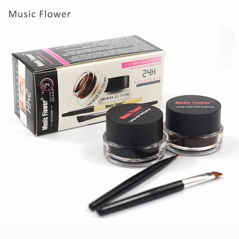 Music Flower 2 in 1 Coffee   Black Gel Eyeliner Make Up Waterproof Eye Liner Cosmetics Set Eyeliner Pens Makeup Brushes Set