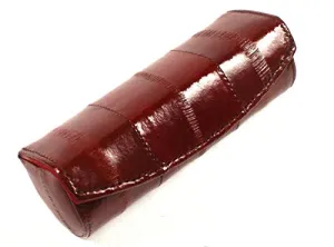 NEW Lipstick Mirror Case Women Premium Button Purse Genuine Eel Skin Leather (red)