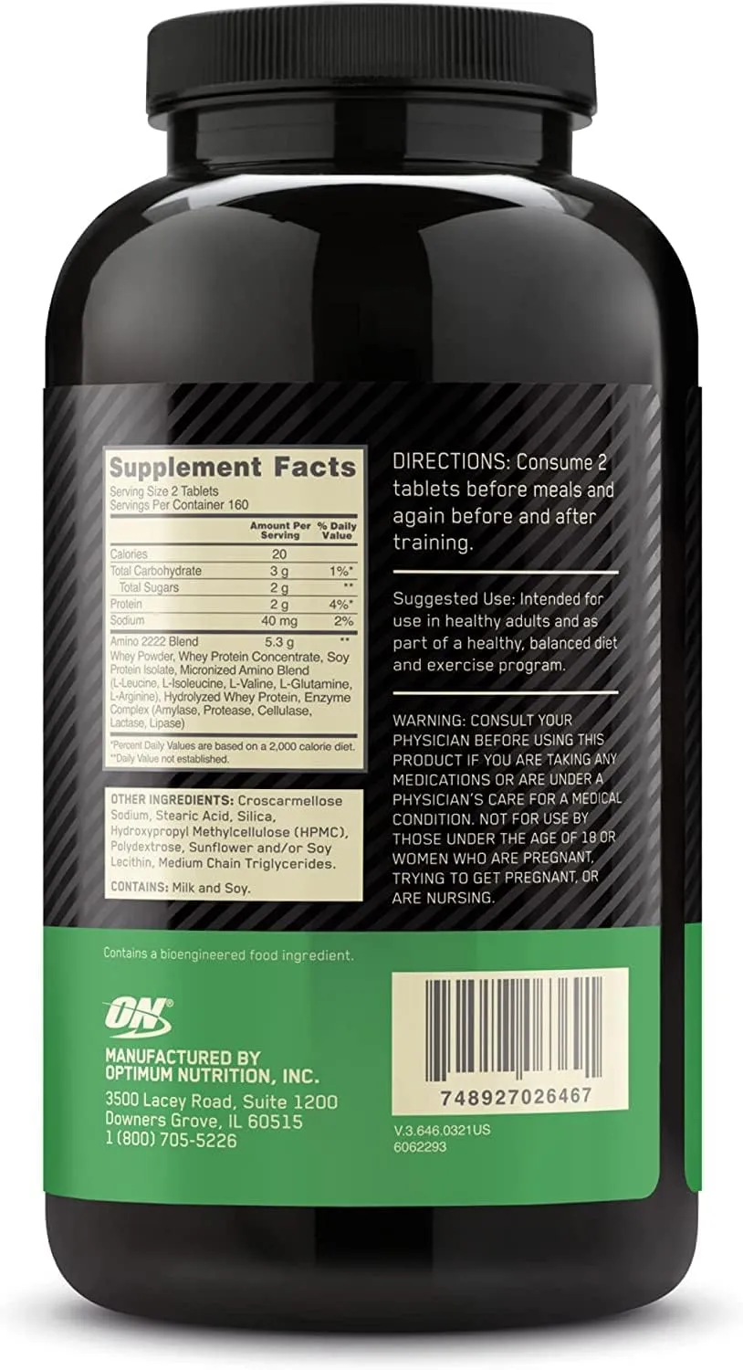 Optimum Nutrition Superior Amino 2222 Tablets, Complete Essential Amino Acids, EAAs, 320 Count