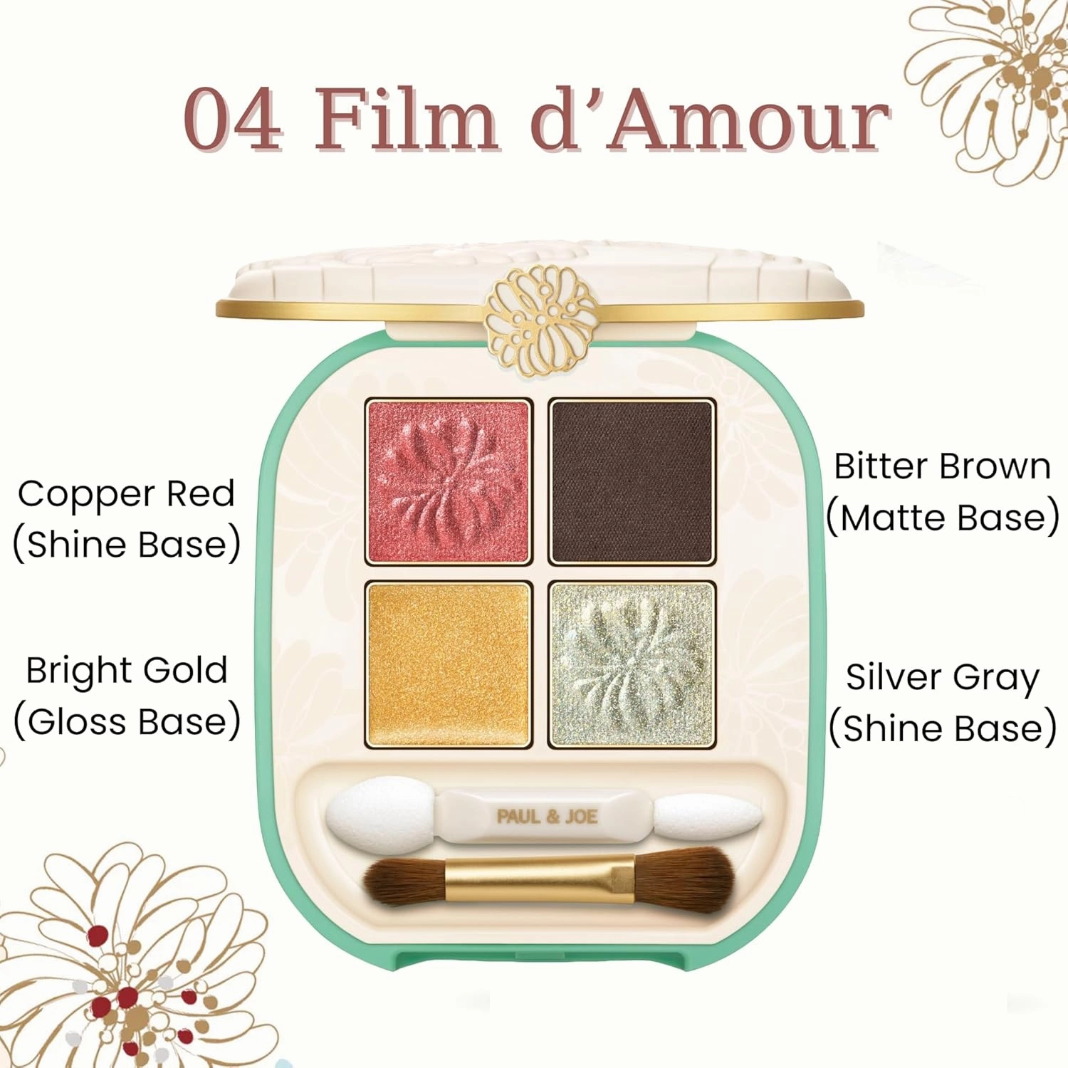 Paul & Joe Eye Color Palette 04 Film d’Amour, Four Colors Powder Eye Shadows, Red, Brown, Gold, Silver, 0.14 oz